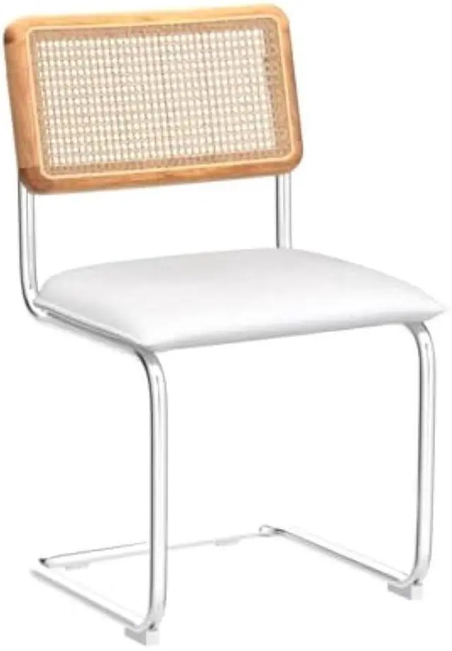 Alt view image 4 of 5 - ONEVOG Upholstered Boucle Dining Chairs Set of 2, Sturdy Rubber Wood Frame Cane Chairs, Comfy Kitchen Chairs with Natural Cane Back, Stainless Chrome Base for Dining Room, Club, Waiting Room