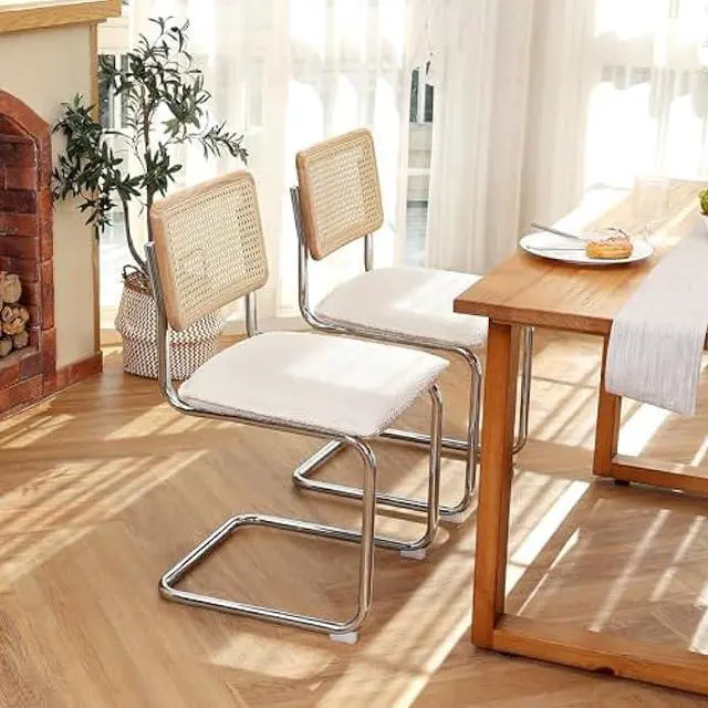 Alt view image 5 of 5 - ONEVOG Upholstered Boucle Dining Chairs Set of 2, Sturdy Rubber Wood Frame Cane Chairs, Comfy Kitchen Chairs with Natural Cane Back, Stainless Chrome Base for Dining Room, Club, Waiting Room