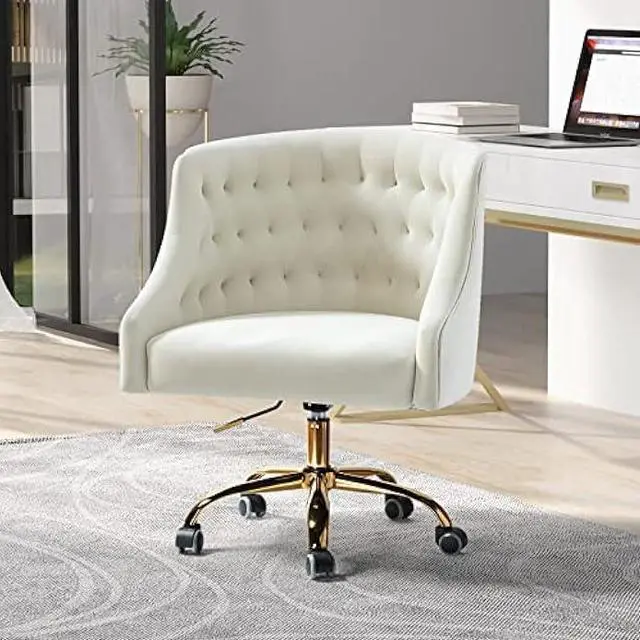 Main image of Velvet Home Office Chair with Gold Base, Comfortable Modern Cute Desk Chair, Adjustable Swivel Task Chair for Living Room Bedroom Vanity Study, Ivory