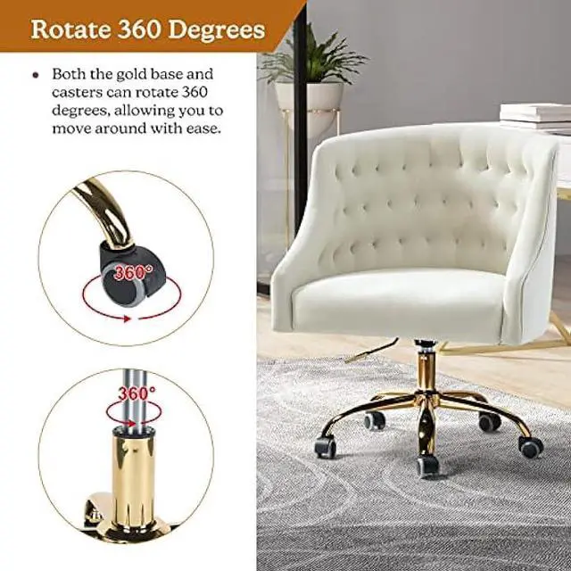 Alt view image 4 of 6 - Velvet Home Office Chair with Gold Base, Comfortable Modern Cute Desk Chair, Adjustable Swivel Task Chair for Living Room Bedroom Vanity Study, Ivory