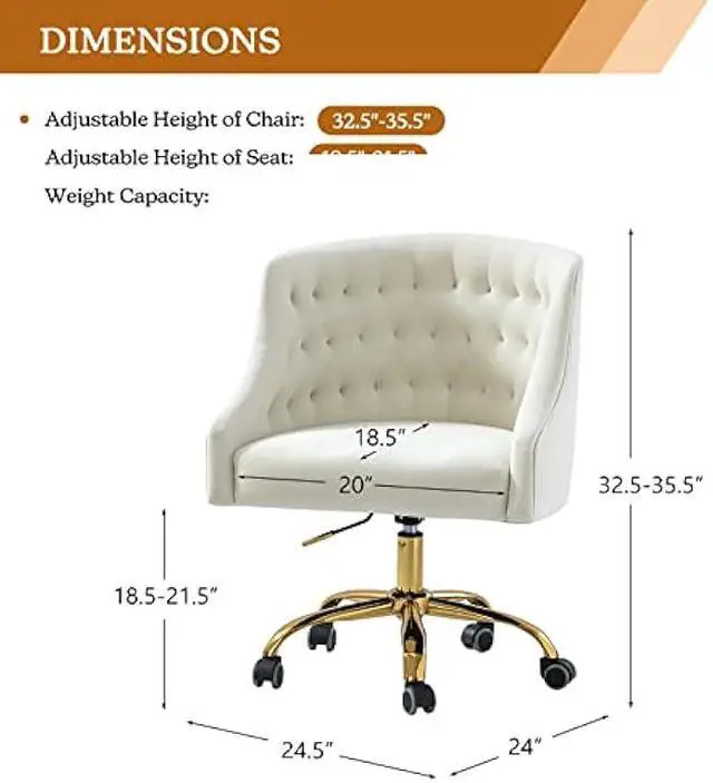 Alt view image 2 of 6 - Velvet Home Office Chair with Gold Base, Comfortable Modern Cute Desk Chair, Adjustable Swivel Task Chair for Living Room Bedroom Vanity Study, Ivory