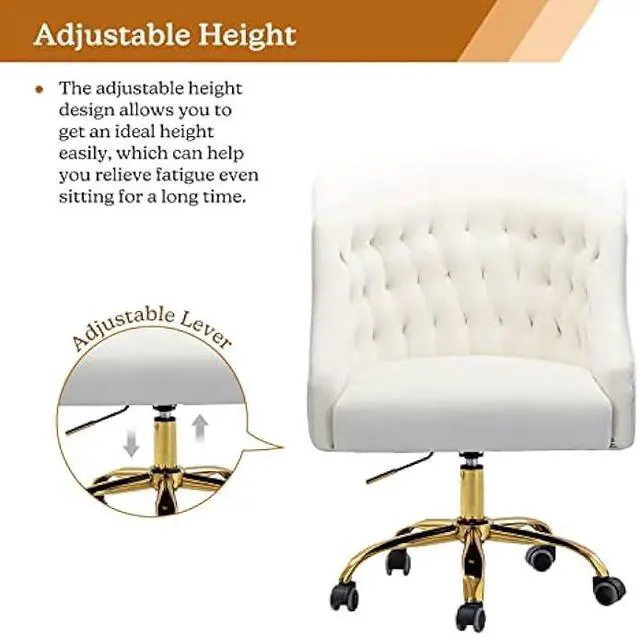 Alt view image 3 of 6 - Velvet Home Office Chair with Gold Base, Comfortable Modern Cute Desk Chair, Adjustable Swivel Task Chair for Living Room Bedroom Vanity Study, Ivory