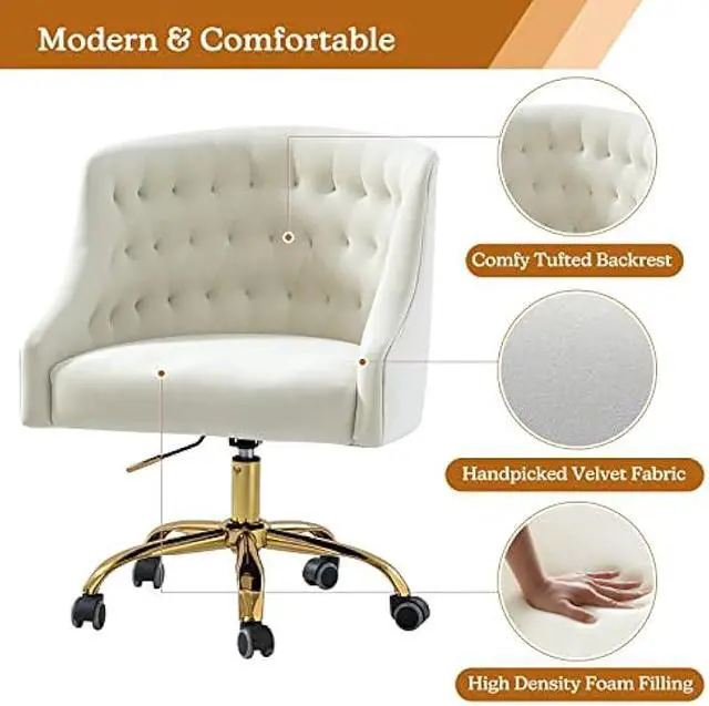 Alt view image 5 of 6 - Velvet Home Office Chair with Gold Base, Comfortable Modern Cute Desk Chair, Adjustable Swivel Task Chair for Living Room Bedroom Vanity Study, Ivory