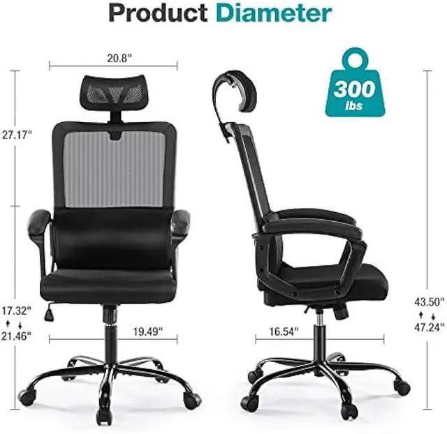 Alt view image 3 of 5 - OLIXIS Home Office Chair Ergonomic Computer Desk Chair Mesh High Back Adjustable Height Executive Task Chair with Lumbar Support, Headrest, Padded Armrest, 360° Swivel Rocking Function,Black