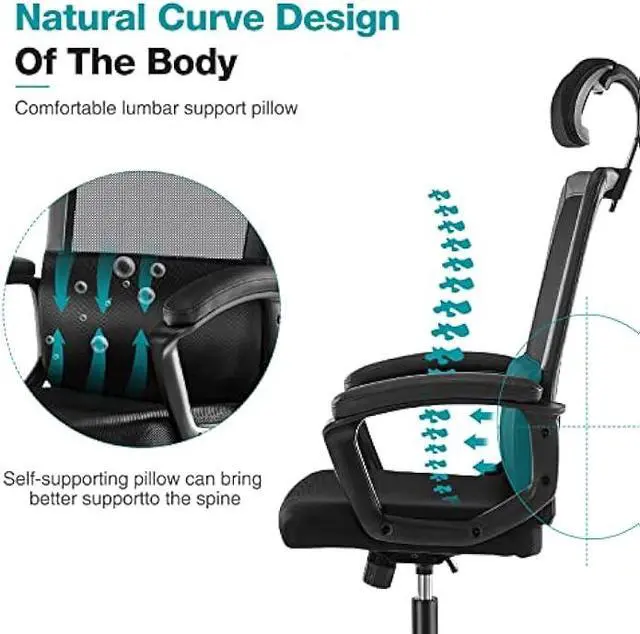 Alt view image 5 of 5 - OLIXIS Home Office Chair Ergonomic Computer Desk Chair Mesh High Back Adjustable Height Executive Task Chair with Lumbar Support, Headrest, Padded Armrest, 360° Swivel Rocking Function,Black