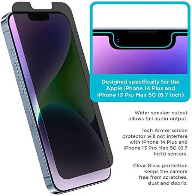 Alt view image 6 of 6 - Tech Armor 1 Pack Privacy Screen Protector for iPhone 14 Plus and iPhone 13 Pro Max Anti-Spy Case Friendly Easy Installation Ballistic Tempered Glass Bubble Free 3D Touch Support [6.7 inch]
