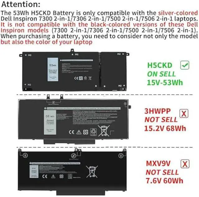 Alt view image 4 of 5 - 53Wh H5CKD 15V Battery Replacement for Dell Inspiron 5400 5406 7405 7300 7306 7500 7506 2-in-1 Silver 5300 5301 5401 5402 5408 5409 5501 5502 5508 5509 Series Latitude 3410 3510 Vostro 5300 5301 7T8CD