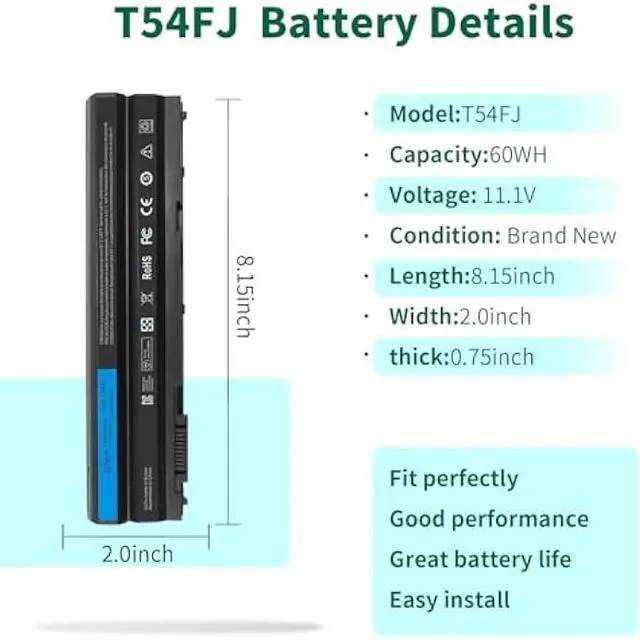 Alt view image 2 of 5 - T54FJ 8858X M5Y0X E6420 E6430 Laptop Battery for Dell Latitude E5420 E5430 E5520 E5530 E6530 E6520 Inspiron 14R 4420 5420 15R 5520 7520 17R 5720 7720 T54F3 X57F1 0T54FJ KJ321 N3X1D P15F P15G P16G