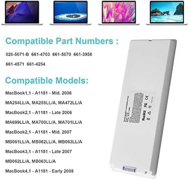 Alt view image 3 of 7 - ARyee 59Wh 10.8V A1185 Laptop Battery Replacement for Apple MacBook 13 A1181 MA561 MA254 MA255 MB402 MB061 MB062 (Mid/Late 2006, Mid/Late 2007, Early/Late 2008, Early/Mid 2009)