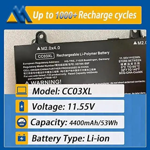 Alt view image 2 of 7 - CC03XL 53Wh Replacement Laptop Battery for HP ZBook Firefly 14 G7 G8 EliteBook 830 835 840 845 G7 G8 Probook 635 Aero G7 G8 Series HSTNN-DB9Q L77608-2C1 L77608-421 L78555-005 CC03053XL-PL 11.55V