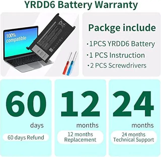 Alt view image 6 of 6 - 42Wh YRDD6 Battery for Dell inspiron 15 3000 Series 3583 3593 3582 3584 3501,inspiron 15 5000 Series 5582 5584 5593 5594 5598 5585 14 3493 5481 5482 5485 5491 5493 7586 Vostro 5481 1VX1H P93G P75F