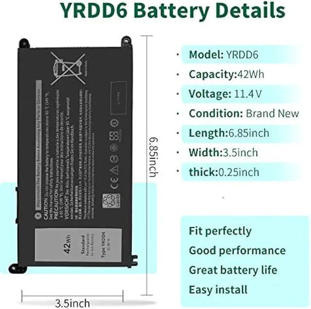 Alt view image 2 of 6 - 42Wh YRDD6 Battery for Dell inspiron 15 3000 Series 3583 3593 3582 3584 3501,inspiron 15 5000 Series 5582 5584 5593 5594 5598 5585 14 3493 5481 5482 5485 5491 5493 7586 Vostro 5481 1VX1H P93G P75F