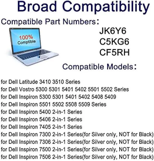Alt view image 6 of 6 - JK6Y6 Laptop Battery Replacement for Dell Latitude 3410 3510 Vostro 5300 5401 5501 Inspiron 5300 5401 5402 5408 5409 5508 5400 5406 7405 7300 7500 2-in-1 Silver Series H5CKD 0C5KG6 0CF5RH