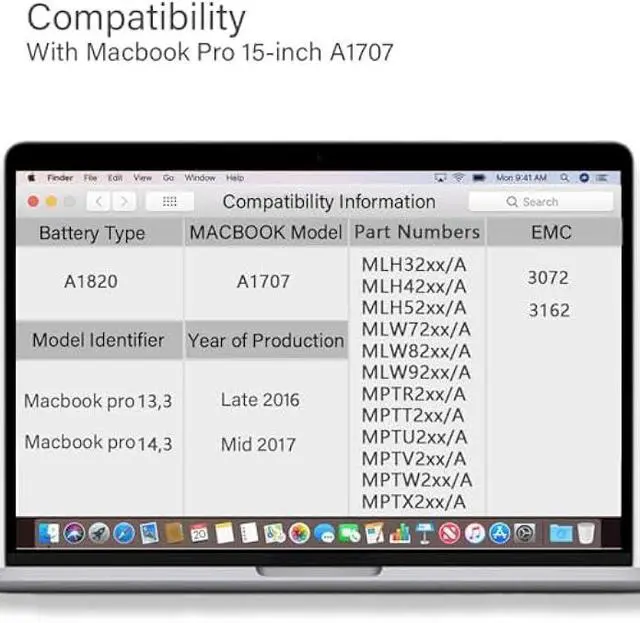 Alt view image 2 of 6 - A1707 Replacement Battery for MacBook Pro,A1820 Laptop Battery for MacBook Pro 15 inch A1707 (2016, 2017) 6680mAh 76.15Wh EMC 3072 3162