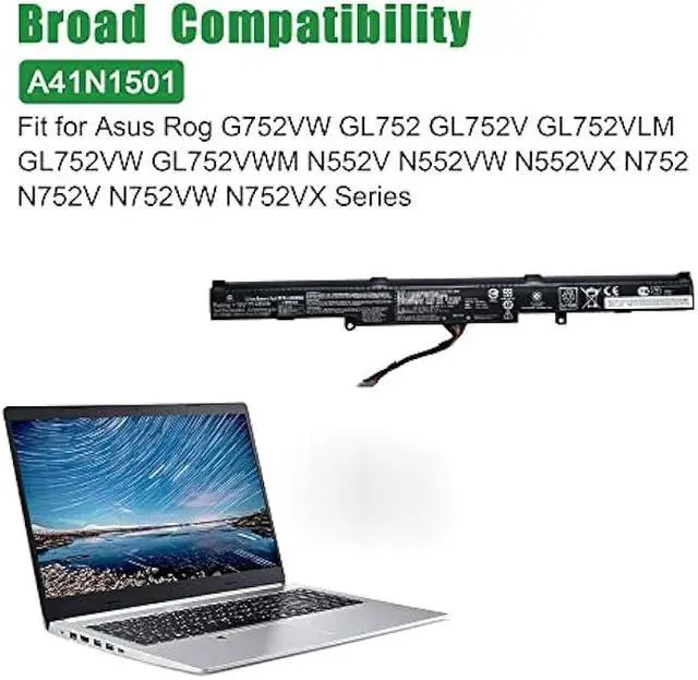 Alt view image 5 of 6 - A41N1501 Laptop Battery Replacement for Asus Rog G752VW GL752 GL752JW GL752V GL752VLM GL752VW GL752VW-DH74 GL752VWM N552 N552V N552VW N552VX N752 N752V Series A41LK9H L41LK2H 15V 48Wh 3100mAh