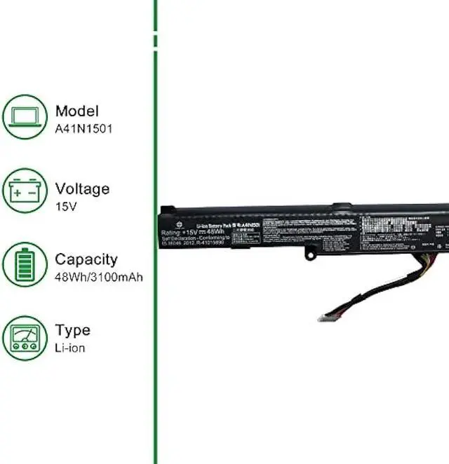 Alt view image 2 of 6 - A41N1501 Laptop Battery Replacement for Asus Rog G752VW GL752 GL752JW GL752V GL752VLM GL752VW GL752VW-DH74 GL752VWM N552 N552V N552VW N552VX N752 N752V Series A41LK9H L41LK2H 15V 48Wh 3100mAh