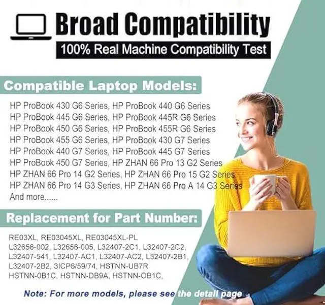 Alt view image 5 of 7 - RE03XL L32656-005 Laptop Battery Replacement for HP ProBook 450 G6 450 G7 440 G6 430 445 455R G6 430 440 445 G7 Serie for hp probook 450 g6 Battery