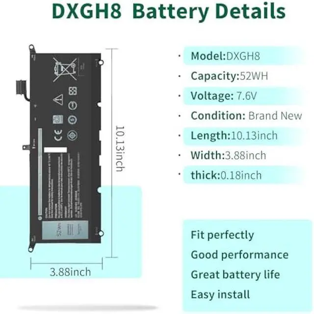 Alt view image 2 of 5 - DXGH8 7.6V 52Wh Battery for Dell XPS 13 9370 9380 2019 Inspiron 13 7390 7391 2-in-1 5390 5391 7490 Latitude 3301 E3301 Vostro 5390 5391 Series 0H754V H754V G8VCF G8VCF6C HK6N5 P113G001 P82G P82G001
