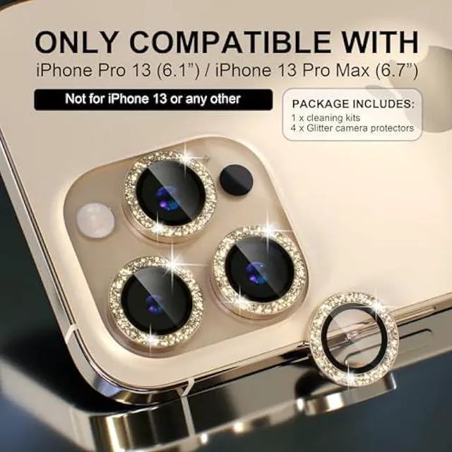 Alt view image 2 of 5 - Choiche [3+1 for iPhone 13 Pro/iPhone 13 Pro Max Camera Lens Protector Bling, 9H Tempered Glass Camera Cover Screen Protector Metal Ring Decoration Accessories (Glitter-Gold)