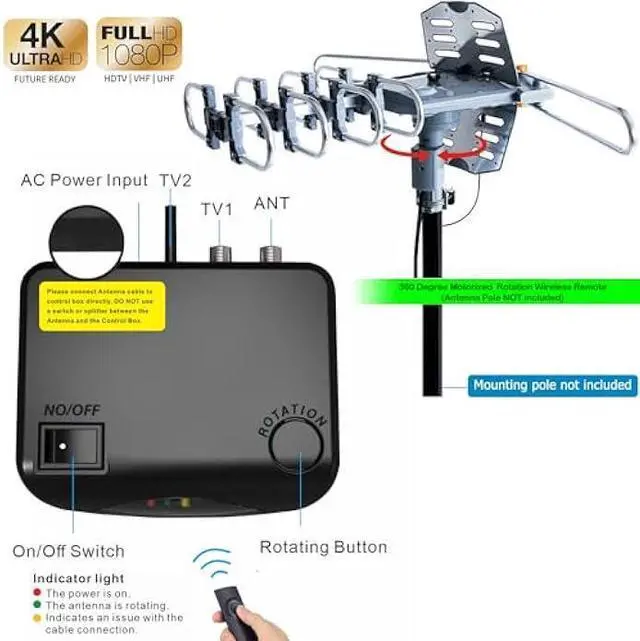 Alt view image 2 of 5 - PBD Outdoor Digital Amplified HDTV Antenna, 150 Mile Motorized 360 Degree Rotation, Wireless Remote Control, 59FT RG6 Coax Cable, Coaxial Grounding Block, UHF VHF 1080P 4K, Support 2 TVs