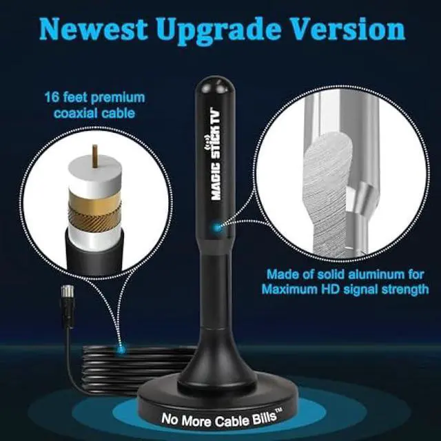 Alt view image 3 of 5 - Magic Stick TV Antenna for Smart TV Without Cable - Digital Indoor Antenna for OTA Local Channels with Magnetic Base - Multi Directional 4K 1080P HDTV TVs - MS-45MAX - Black 16ft Long Cable