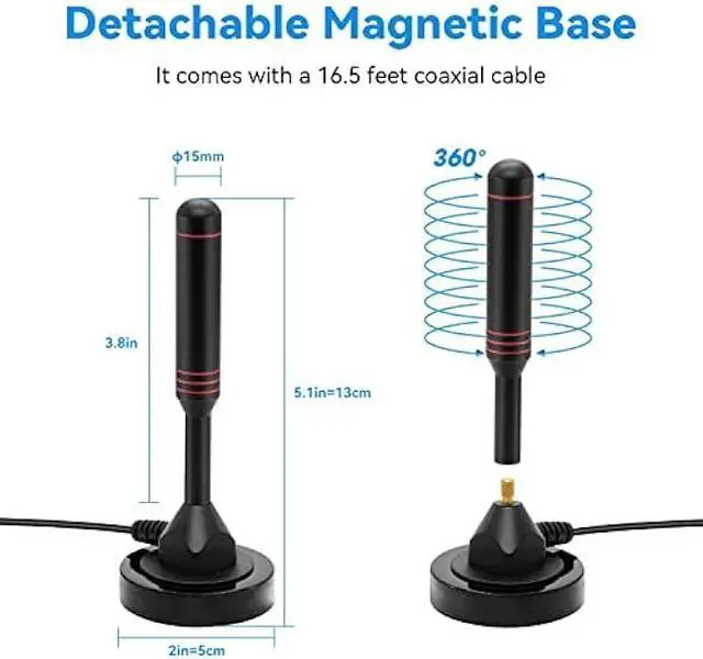 Alt view image 3 of 6 - Digital Outdoor Indoor TV Antenna with Magnetic Base and 16.5 feet Long Cable for TV Tuner-35 Mile VHF UHF Long Range
