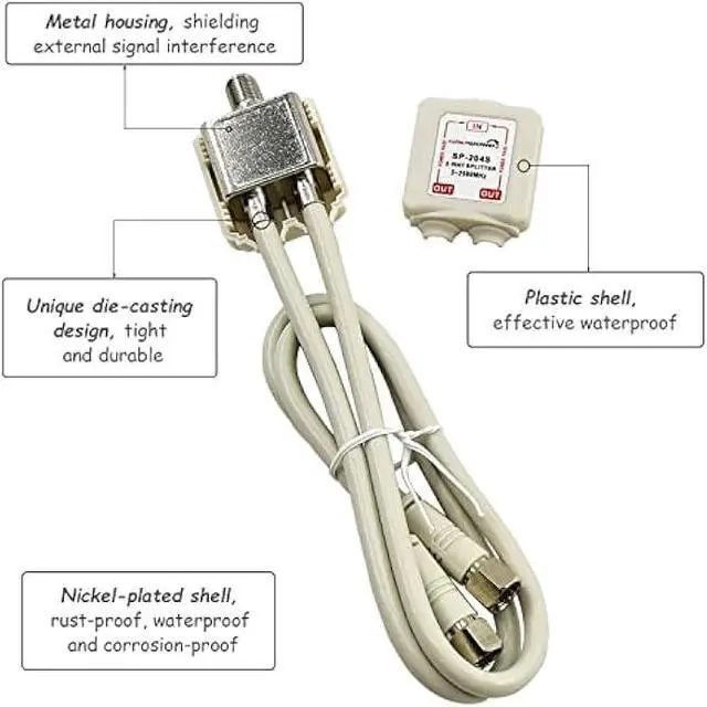 Alt view image 6 of 6 - Satellite Splitter 5-2500MHz, 2-Way CATV Splitter with RG6 Coaxial Cable and 2 Connectors, for Pass Power to LNB, Improve HD TV Satellite Antenna Signal Quality, Corrosion Resistant