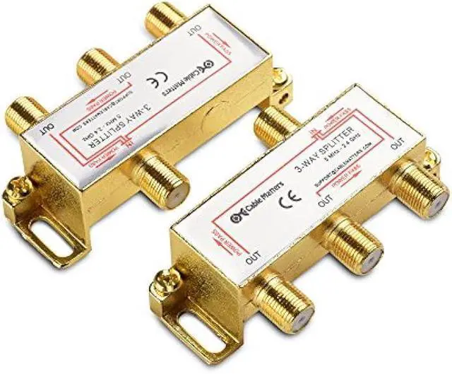 Main image of Cable Matters 2-Pack 2.4 Ghz 3 Way Coaxial Cable Splitter for STB TV, Antenna and MoCA Network - All Port Power Passing - Gold Plated and Corrosion Resistant