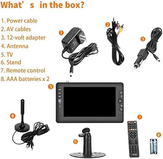 Alt view image 6 of 6 - 9 IPS Screen Portable TV with Digital ATSC Tuner, USB Port, AV Input, Built-in Rechargeable Battery, Mini TV for Camping, Caravan, Kitchen