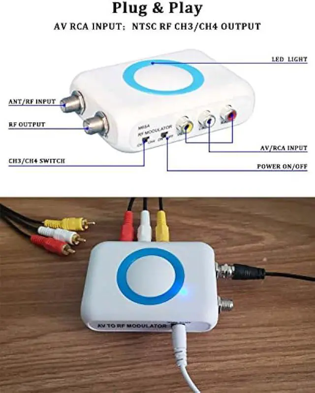 Alt view image 4 of 5 - RF Modulator RCA Coax Adapter CVBS VHF Converter w/Channel Switch for VCR DVD Bule-ray Players PS2 PS3 Xbox WII NS Game Console TV Tuner Satellite Set-top Cable Box AV Video to Analog NTSC Coaxial TV
