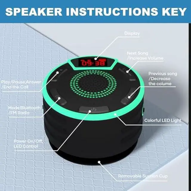 Alt view image 6 of 6 - Bluetooth Speakers, IPX7 Waterproof Shower Speaker, Portable Speaker with LED Display, FM Radio, Suction Cup, Light Show, Built-in Mic, Best Gifts for Pool Beach Home Party Travel Outdoors