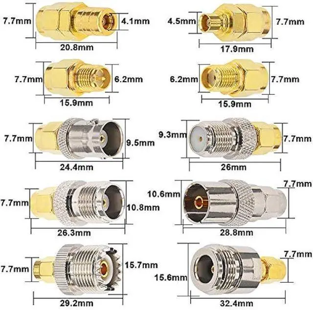 Alt view image 4 of 6 - SMA Adapter Kit 10PCS,SMA Male to UHF, BNC, RPSMA, TV, MCX, F-Type, N, TNC, SMB, Nickel Gold-Plated RF Connectors for Antennas and Wireless Devices