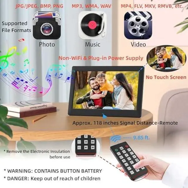Alt view image 3 of 5 - 10.1 Inch USB Digital Picture Frame, Non-WiFi SD Card Smart Photo Frames IPS Screen HD Display with Remote Control, Support Video and Music, Slideshow, Wall Mountable, Easy to use for Seniors