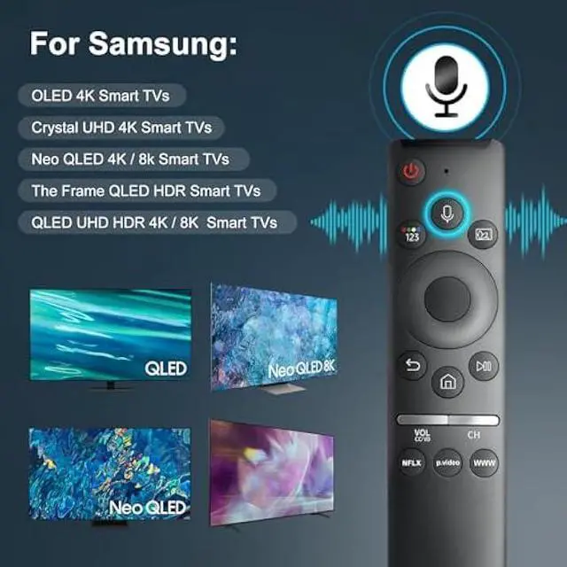 Alt view image 2 of 6 - Voice Remote for Samsung Smart TV QLED UHD Frame Curved Solar 4K 8K Q60 Q70 Q80 Q90 8 Series 9 Series TU8000 AU8000 CU7000 CU8000 DU7200 DU8000 Voice Remote Control Replacement