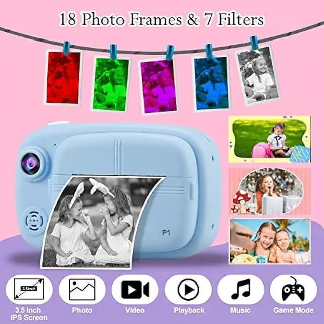 Alt view image 2 of 5 - Kids Instant Camera, Mijiaowatch 12MP/1080P Kids Digital Print Camera with 3.5 Inch Cameras for Kids 32GB TF Card, Kids Gift Toys for Ages 3-14 (Blue)