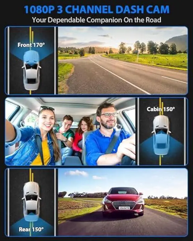 Alt view image 2 of 5 - Dash Cam Front and Rear, 1080P Dash Camera for Cars, 3 Channel Car Camera Front Rear and Inside with 32GB Card, Loop Recording, Night Vision, HDR, 24Hr Parking, G-Sensor