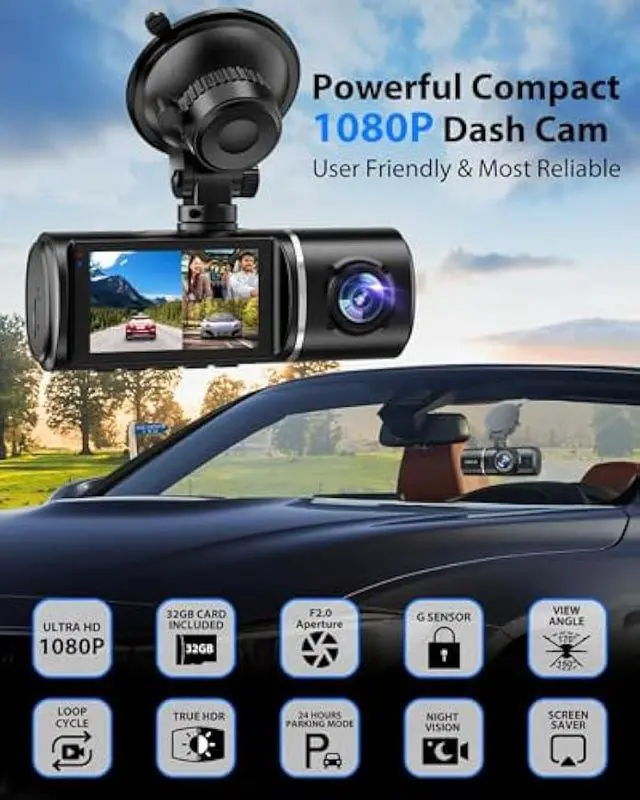 Alt view image 3 of 5 - Dash Cam Front and Rear, 1080P Dash Camera for Cars, 3 Channel Car Camera Front Rear and Inside with 32GB Card, Loop Recording, Night Vision, HDR, 24Hr Parking, G-Sensor