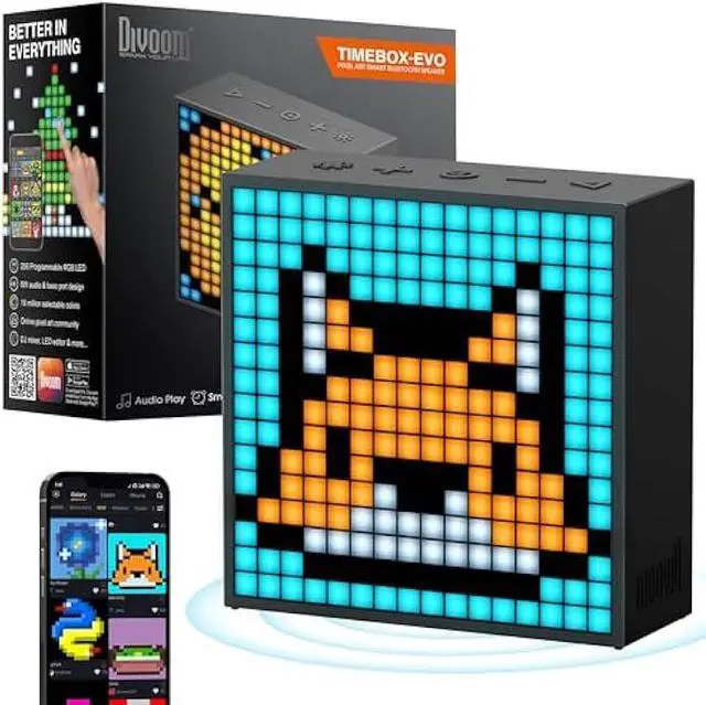 Main image of Divoom TimeBox Evo -- Pixel Art Bluetooth Speaker with 16x16 LED Display APP Control - Cool Animation Frame & Gaming Room Setup & Bedside Alarm Clock- Black
