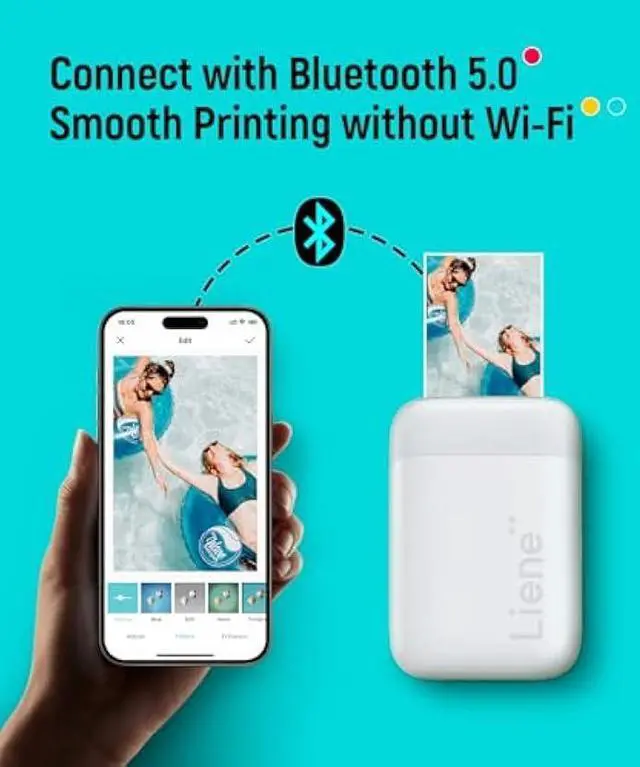 Alt view image 2 of 5 - Liene 2x3 Photo Printer, Mini Instant Portable Color Mono Picture Printer Bundle 50 Zink Adhesive Paper, Bluetooth 5.0, Compatible w/iOS & Android, Small Phone Sticker for iPhone, Smartphone, White