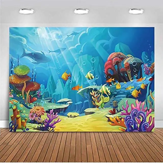 Main image of CHAIYA Under The Sea Backdrop Ocean Little Mermaid Backdrop Background for Under The Sea Theme Baby Shower Photo Booth Banner Party Cake Table Decoration 10x8ft
