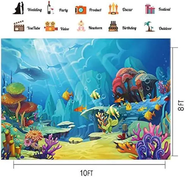 Alt view image 4 of 7 - CHAIYA Under The Sea Backdrop Ocean Little Mermaid Backdrop Background for Under The Sea Theme Baby Shower Photo Booth Banner Party Cake Table Decoration 10x8ft