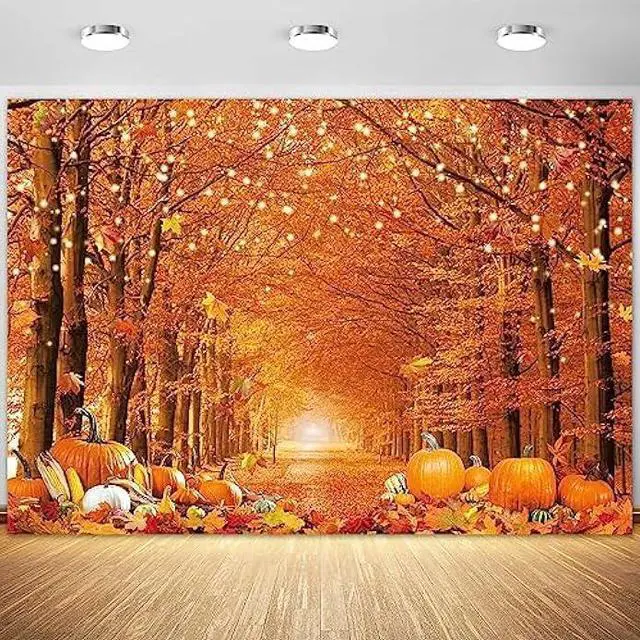 7x5FT Polyester Fall Autumn Photo Backdrop for Photography Autumn Forest Scenery Maple Leaves Pumpkins Background Fall Thanksgiving Day Friendsgiving Party Decorations Fabric