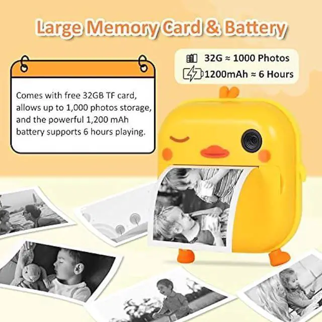 Alt view image 3 of 6 - AURTEC Instant Camera for Kids - Mini Thermal Printing, No Ink Required, 48MP Dual, 1080P HD Video, 32G TF Card, 3 Print Paper, 2.4 Inch Color Screen, Cute Animal Cartoon Design, Duck