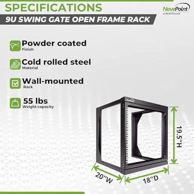 Alt view image 4 of 6 - NavePoint 9U Open-Frame Server Rack for 19 IT Network Equipment & A/V Devices Free Standing or Wall Mount with 180 Degrees Gate Swing, Black