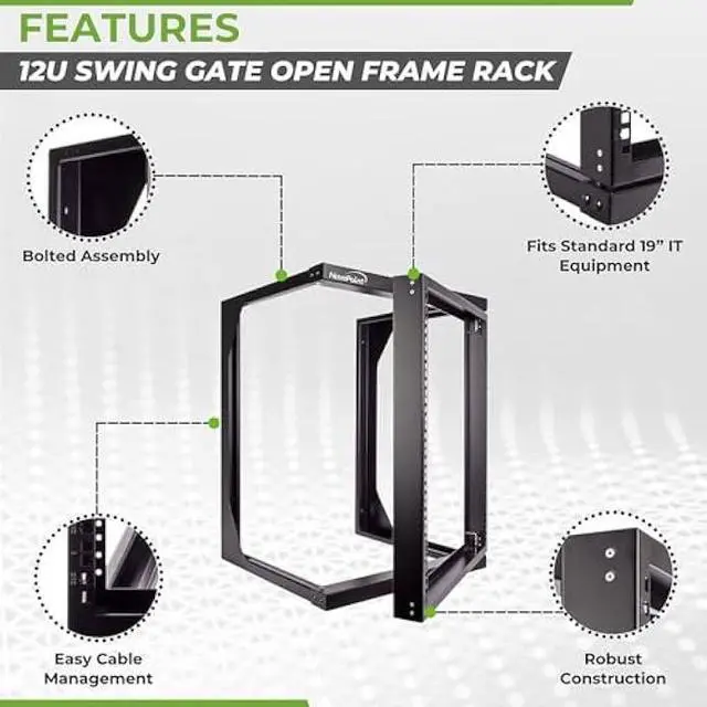 Alt view image 2 of 6 - NavePoint 12U Open Frame Server Rack for 19 IT Network Equipment & A/V Devices, Free Standing or Wall Mount Rack with 180 Degrees Gate Swing, Black