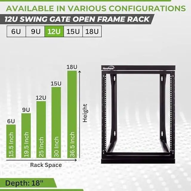Alt view image 3 of 6 - NavePoint 12U Open Frame Server Rack for 19 IT Network Equipment & A/V Devices, Free Standing or Wall Mount Rack with 180 Degrees Gate Swing, Black