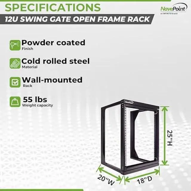 Alt view image 4 of 6 - NavePoint 12U Open Frame Server Rack for 19 IT Network Equipment & A/V Devices, Free Standing or Wall Mount Rack with 180 Degrees Gate Swing, Black