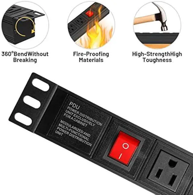 Alt view image 4 of 5 - BTU Power Strip Surge Protector Rack-Mount PDU, 8 Right Angle Outlets Wide-Spaced, Mountable Power Strip Heavy Duty for Server Racks, Commercial, 300J (Black 6FT)