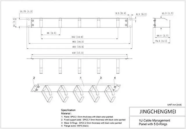 Alt view image 3 of 7 - Jingchengmei 19-Inch 1U Metal Horizontal Rackmount Cable Manager with 5 D-Rings (1UCM5R440, Black)