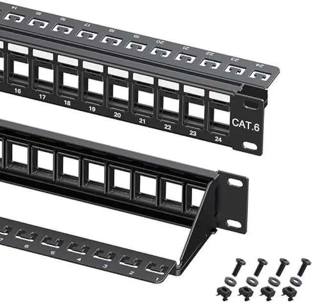 Main image of Cable Matters Rackmount or Wall Mount 1U 24 Port Keystone Patch Panel with Cable Management and Support Bar, 19-inch Blank Patch Panel for Keystone Jacks